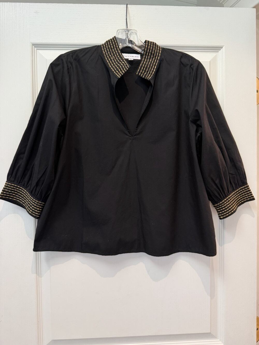 Navybleu Womens S Black Blouse Gold Stitch Collar Puff Sleeve Top NWOT